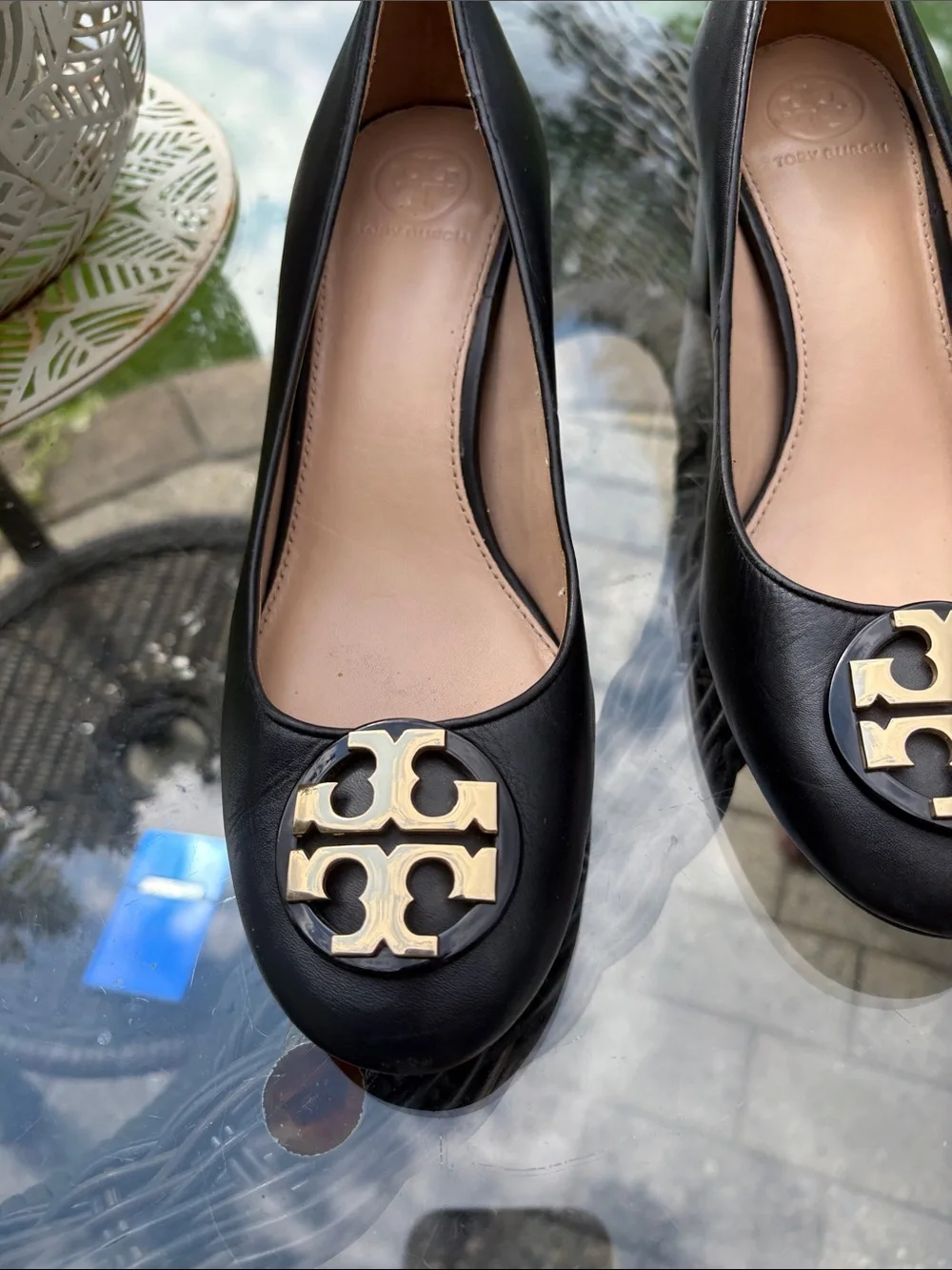 Tory Burch Black Leather Block Heel Pumps with Gold Logo Medallion
